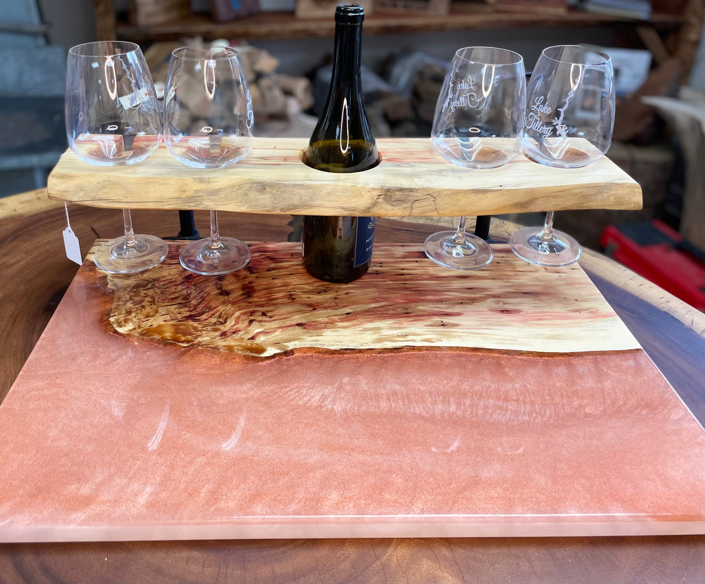 Rose/Box Elder Wine and Glass Holder- Live Edge Exclusive