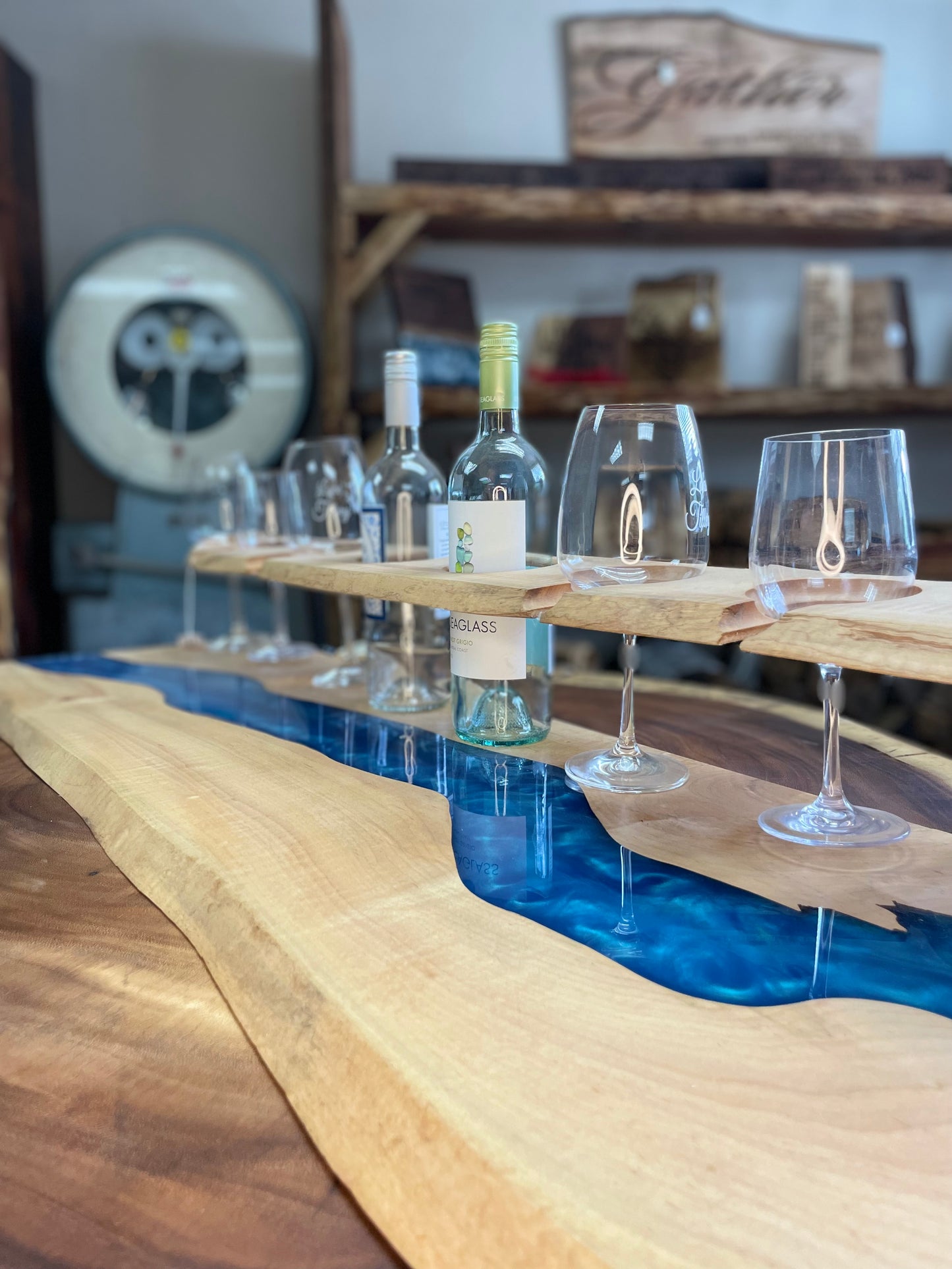 Blue/ Maple Wine and Glass Holder- Live Edge Exclusive