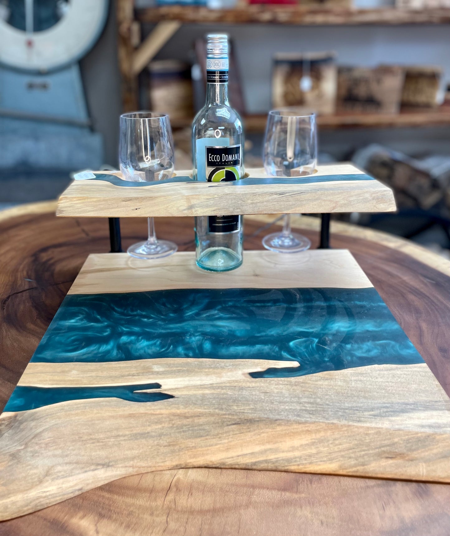 Teal/Maple Wine and Glass Holder- Live Edge Exclusive