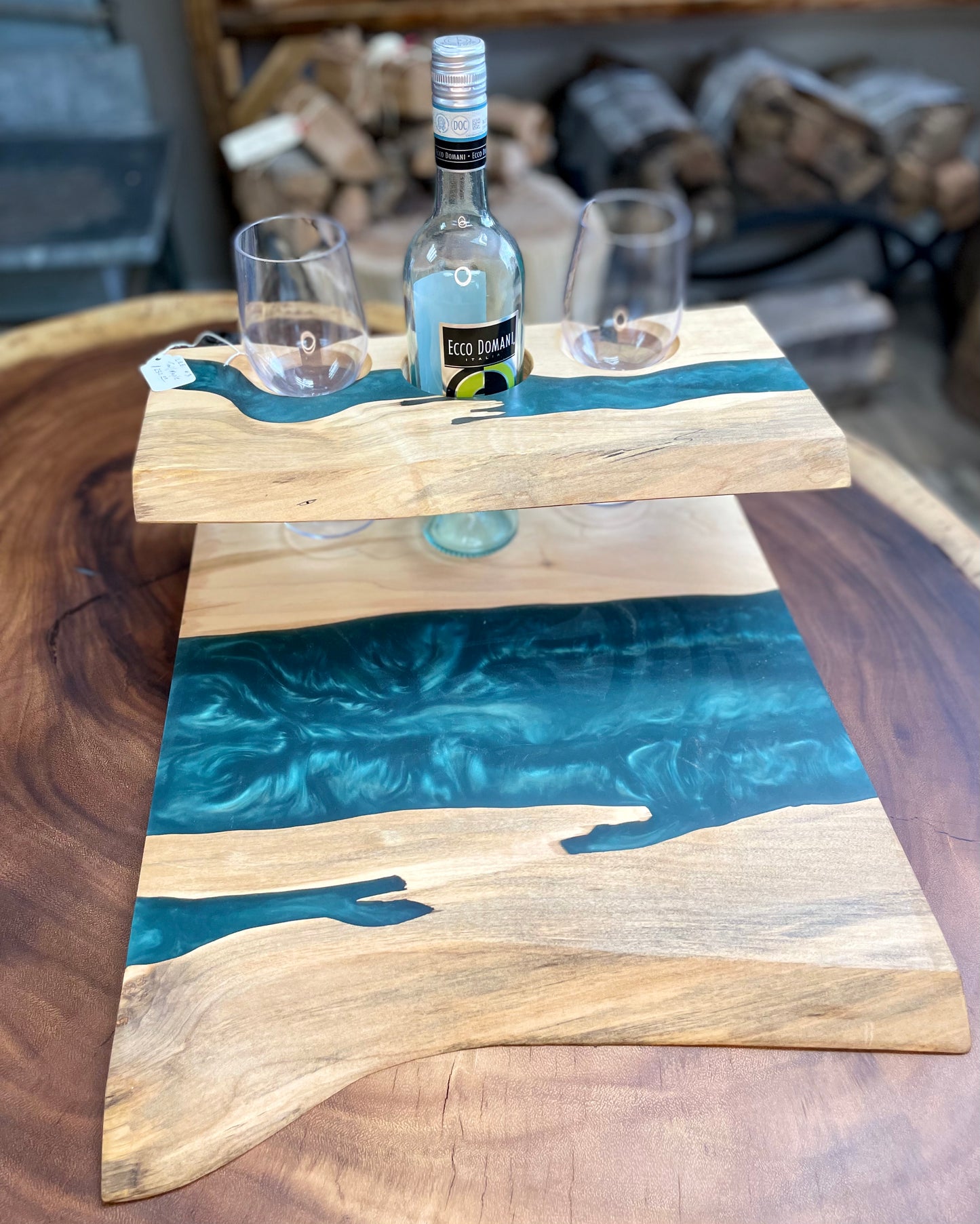 Teal/Maple Wine and Glass Holder- Live Edge Exclusive