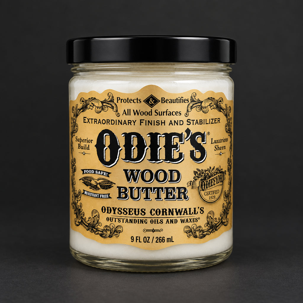 Odie’s Wood Butter (OWB) is a proprietary hybrid blend of hard wax oils with a high concentration of wax. A multi use finish and stabilizer that can be used alone or in conjunction with any combination of Odysseus Cornwall’s finish products. Food safe, solvent free and non toxic, containing no added driers, heavy metals or part 2 catalyst.