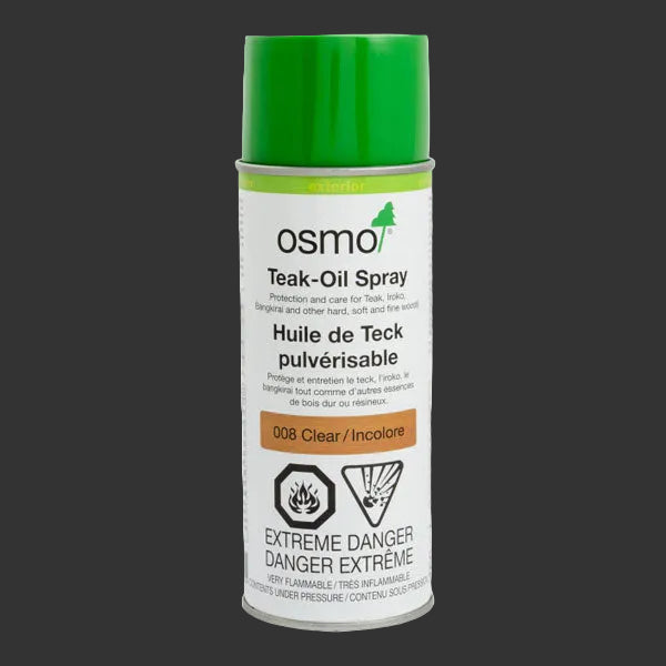 A can of Osmo Teak-Oil Spray in color code 008 Clear, featuring a white label with green and orange accents and a bright green cap, set against a plain white background.